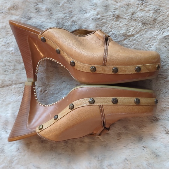 Cole Haan Kenna Leather Light Brown Tan Studded Heeled Clogs Mules Size 10 - Picture 7 of 9